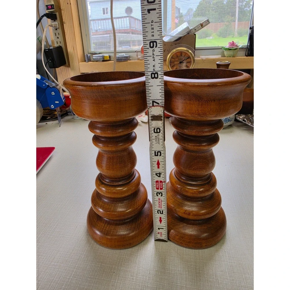 Vintage Wood Pillar Candle Holders Set of 2 Spindle Turned Farmhouse Decor 7.5in